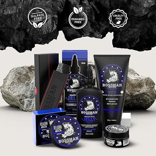 Miniatura 8 de Bossman Kit completo de gelatina de aceite para barba para hombre, acondicionador de ducha fortificante, bálsamo, cera de bigote y peine, suavizante