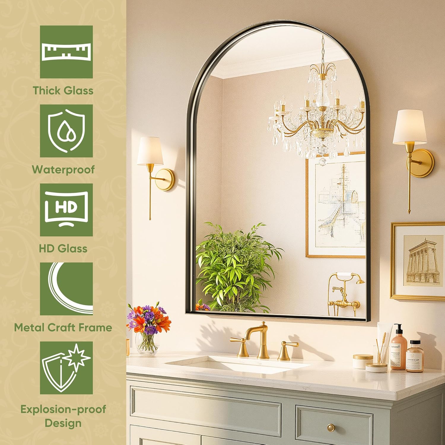 Arched Bathroom Mirror, 24x36 Inch Black Arched Wall Mirror with Metal Deep Frame, Arch Mirrors for Wall Decor, Vanity, Entryway, Living Room