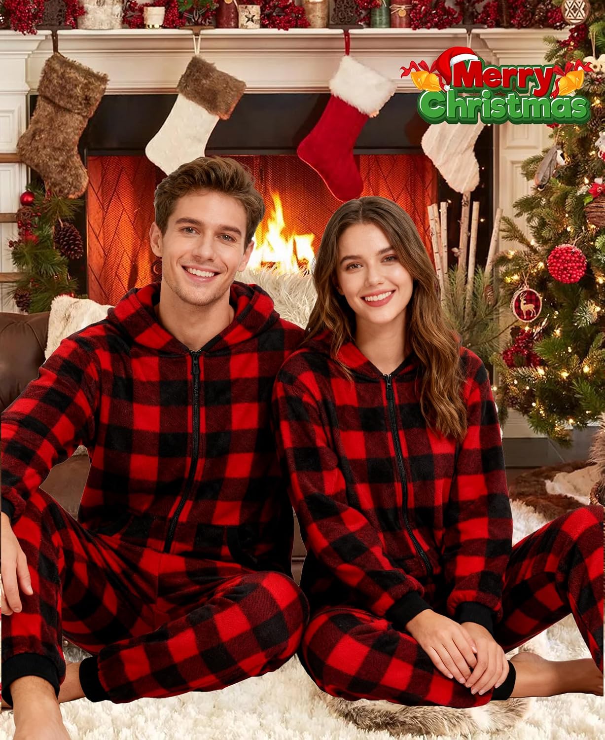 Kidukso Adult Check Onesie Pajamas Comfy Christmas Jumpsuit Zipper Sleepwear Family Matching loungewear for Women Men