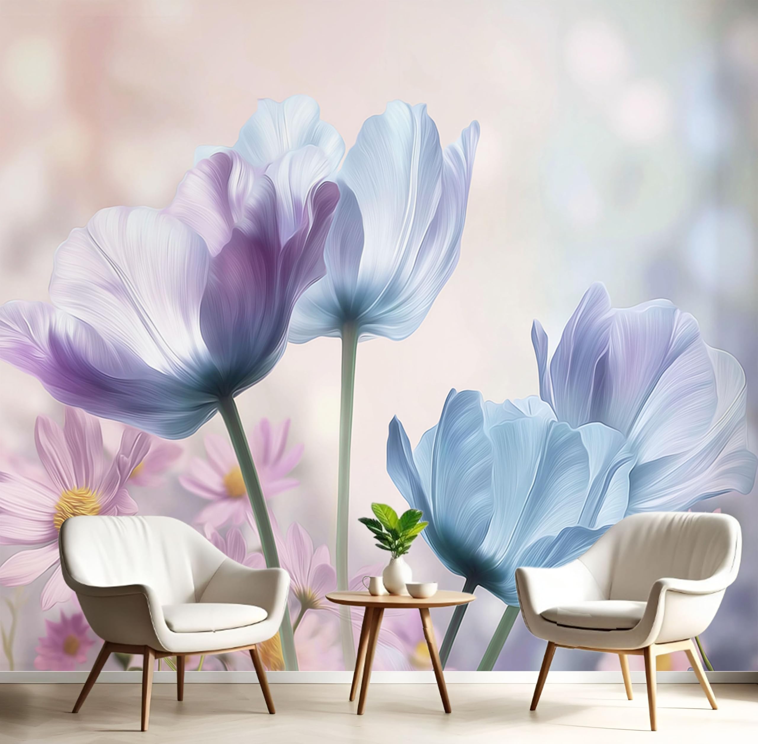 Papier peint panoramique marguerite tulipe fresque murale rose blush grand format
