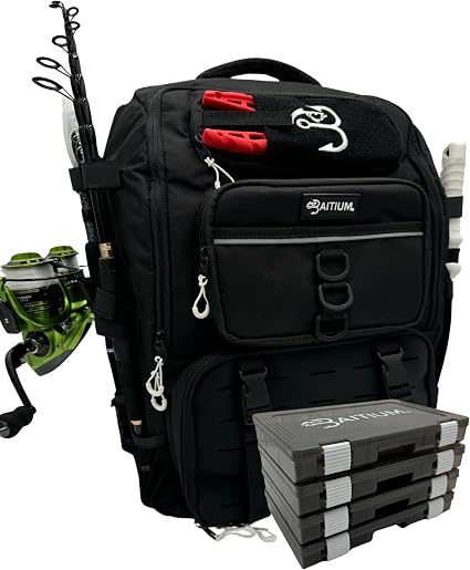 Sac à dos de pêche à appât, sac à pêche avec porte-cannes, capacité de 40L avec glacière, housse antipluie, poche isolée, 4 plateaux pour équipement inclus (noir jais)