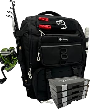 Baitium Fishing Backpack, Tackle Bag With Rod Holders, 40L Capacity With Cooler, Rain Cover, Insulated Pocket, 4 Tackle Trays Included Jet Black