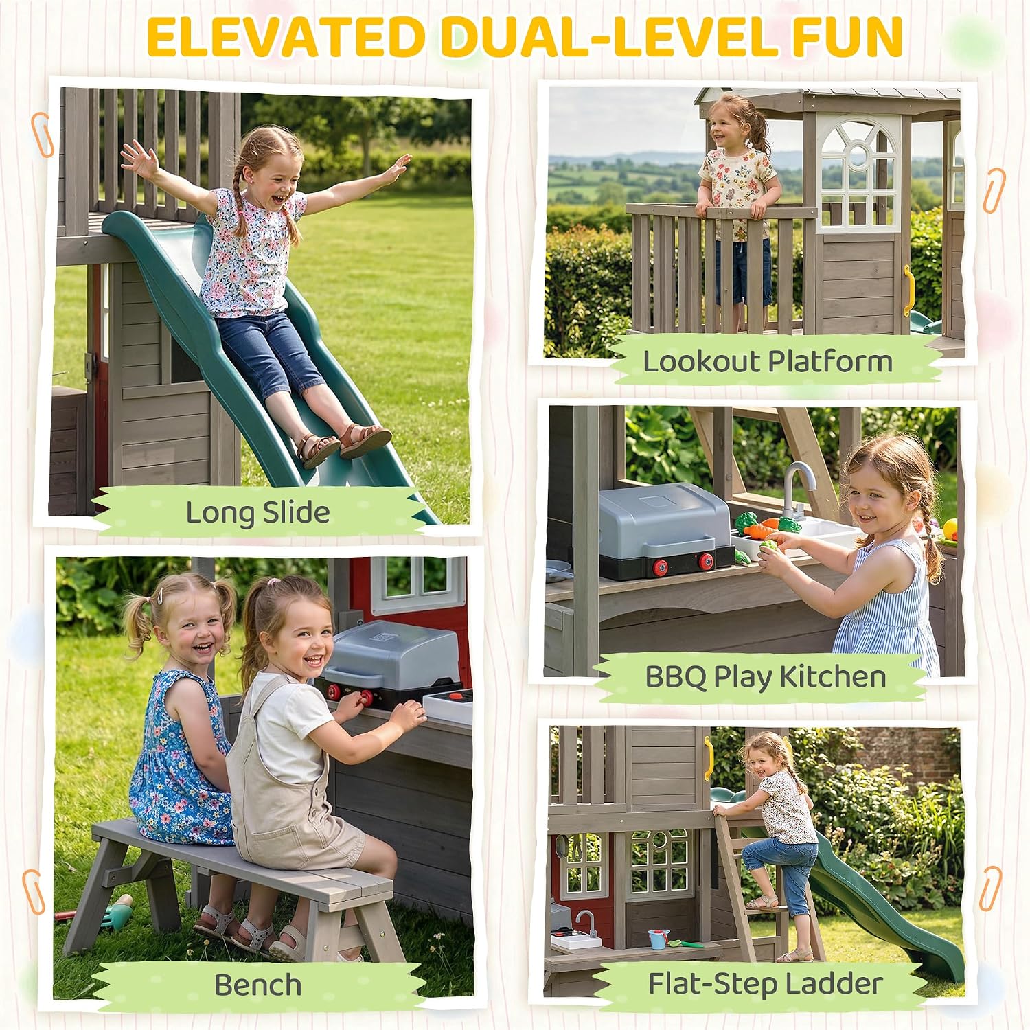 Qaba Two-Story Outdoor Playhouse for Kids, Wooden Kids Playhouse with Slide, Bench, BBQ Play Kitchen, Flat-Step Ladder, Lookout Platform and Clock for Age 2+ Backyard Play, Brown