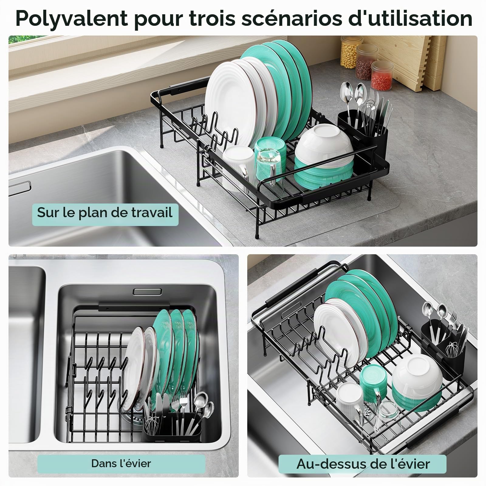 kingrack Egouttoir Vaisselle sur Évier | Extensible, Porte-Ustensiles, pour Légumes, Fruits et Assiettes