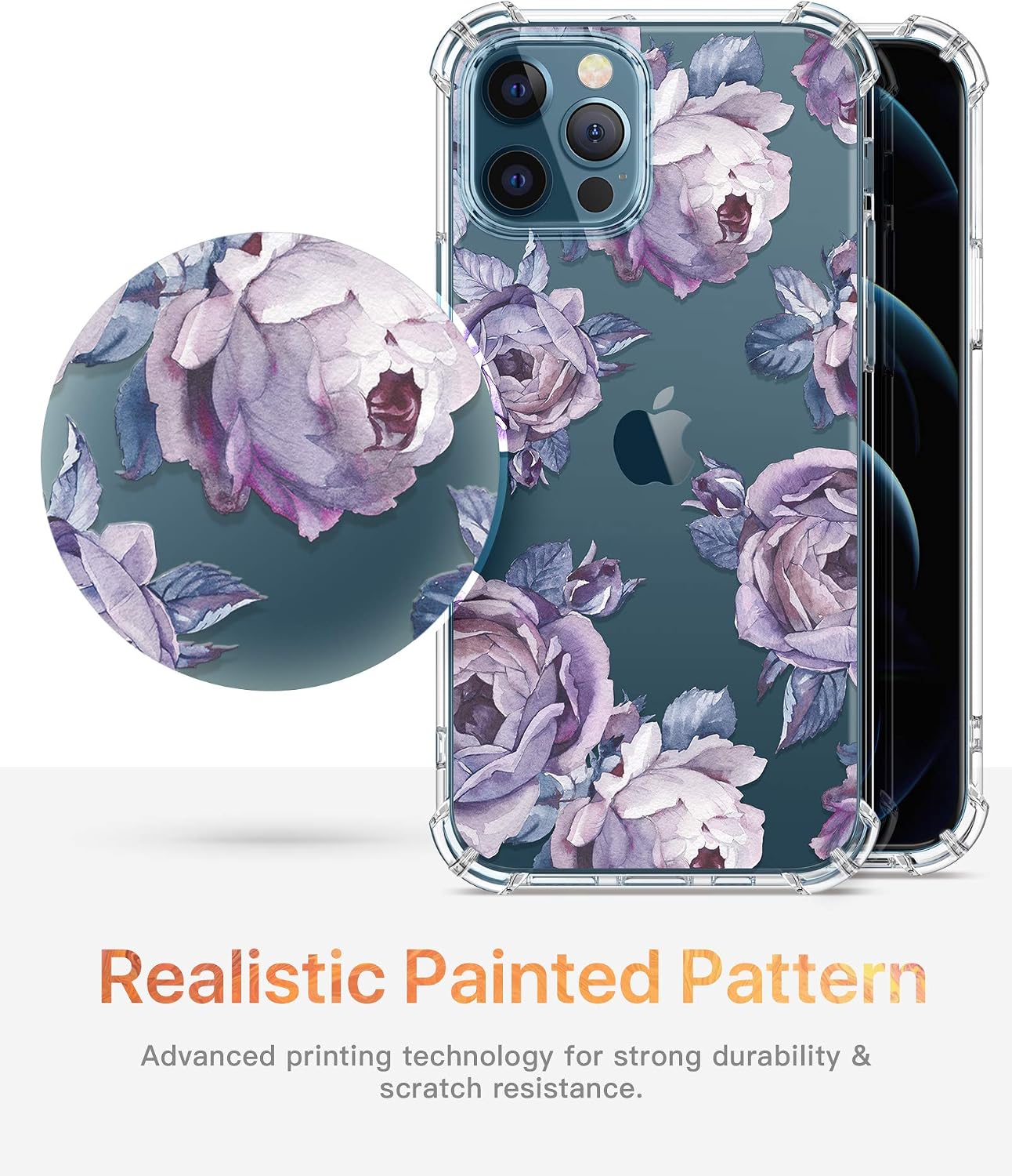 GVIEWIN Designed for iPhone 12 Pro Max Case 6.7 Inch 2020, Clear Floral Women Thin Soft TPU Shockproof Protective Cover Flowers Design Case with Lanyard (Peony/Purple)