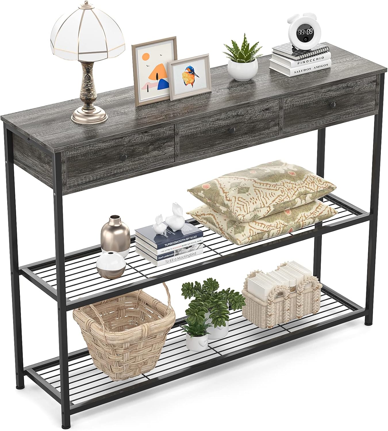Ecoprsio Console Table with 3 Drawers, 47 Inch Gray Sofa Table Entryway Table Narrow Long with Storage Shelves for Entryway, Front Hall, Hallway, Sofa, Couch, Living Room, Kitchen, 47 Inch, Grey : Home & Kitchen