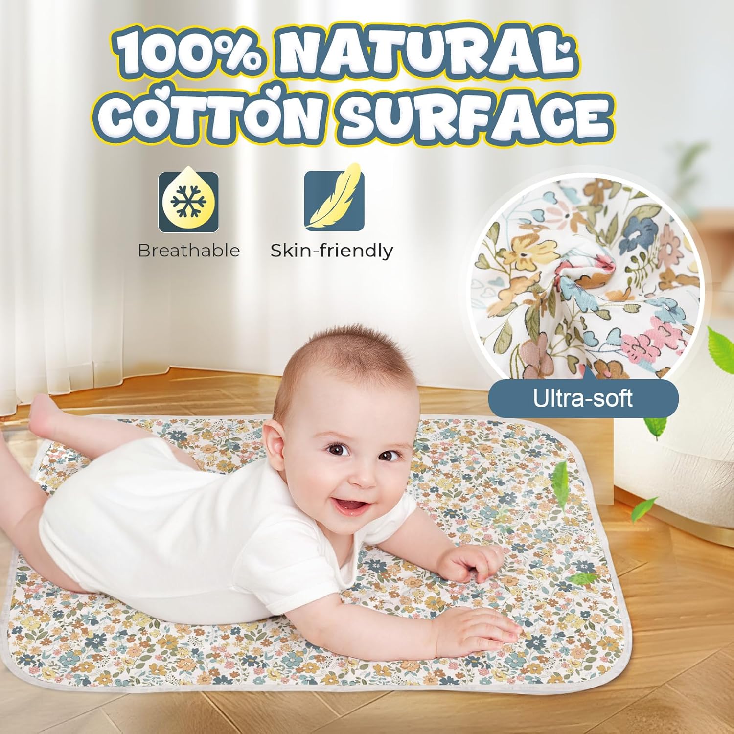 Baby Diaper Changing Pad – 31.5" x 21.5" Extra Large Waterproof Absorbent Portable Changing Mat, Reusable Changing Pad Liner for Travel or at Home Use(Floral1) image 2 of 7 B0FC24BQJ7