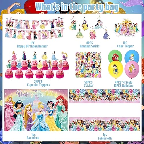 Miniatura 2 de Decoraciones de fiesta de cumpleaños de princesa, incluye pancartas, mantel, telón de fondo, calcomanías, adornos para pasteles, remolinos