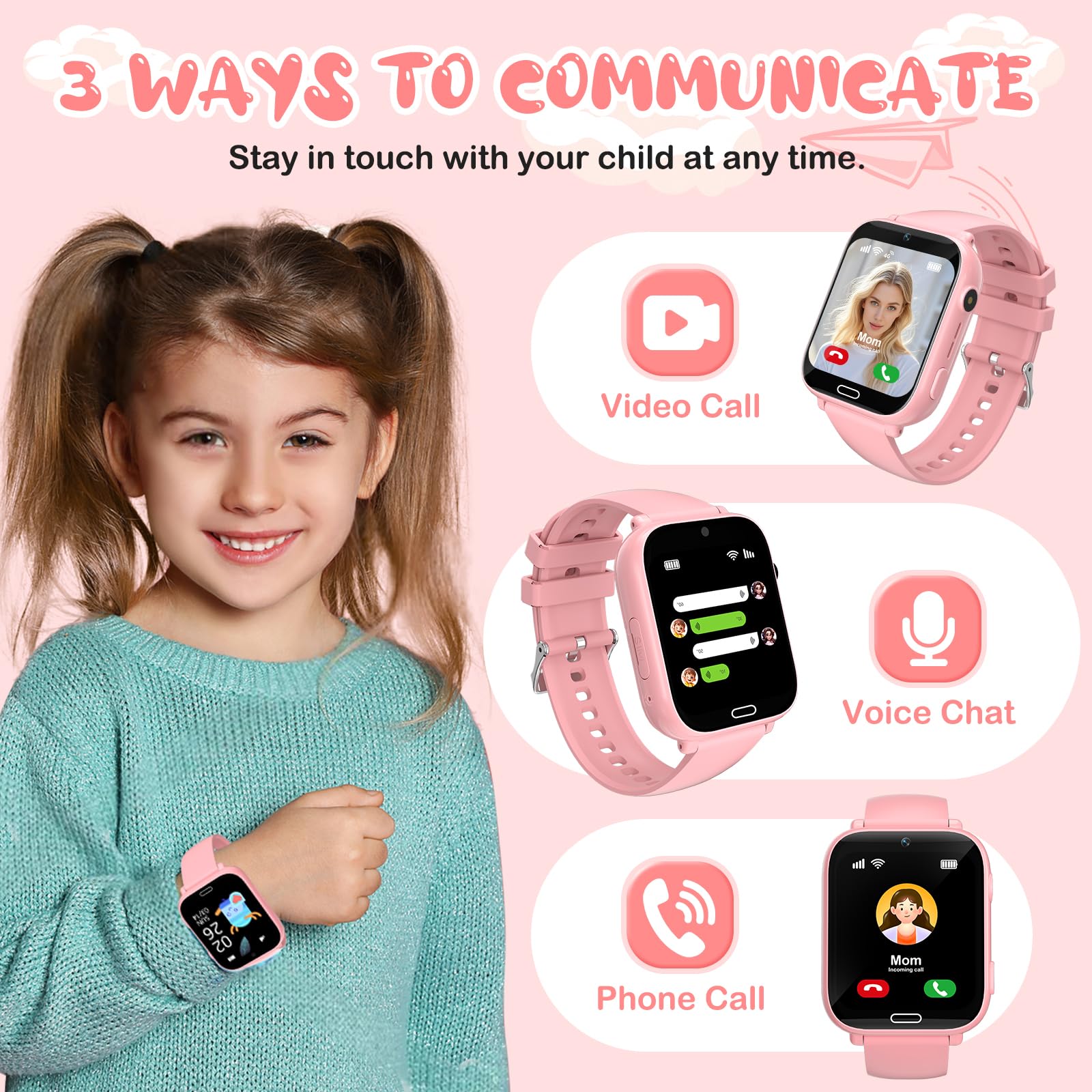 POFIBO Kids Smart Watch Boys Girls, 4G Kids GPS Tracker Watch with Phone, Video Calls, Voice Chat, SOS, Games, Alarm Clock, School Mode, Torch, Smart Watch for Boys Girls 4-16 Years — view 3