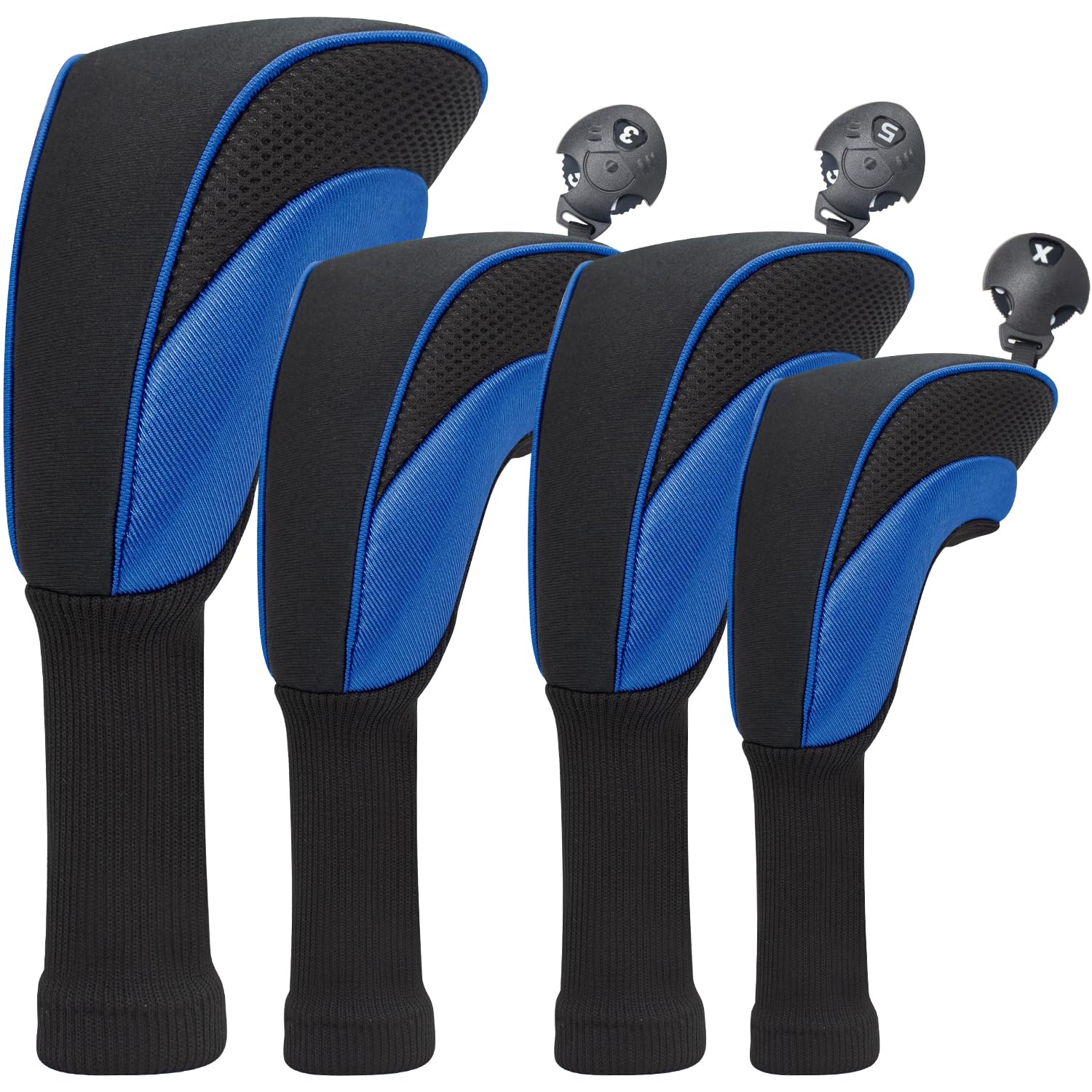Golf Club Head Covers for Fairway Woods Driver Hybrids 4 Pieces Long Neck Mesh Sports Fan Golf Club Headcovers Set with Interchangeable No. Tags 3 4 5 6 7 X Golf Accessories for Men Women.