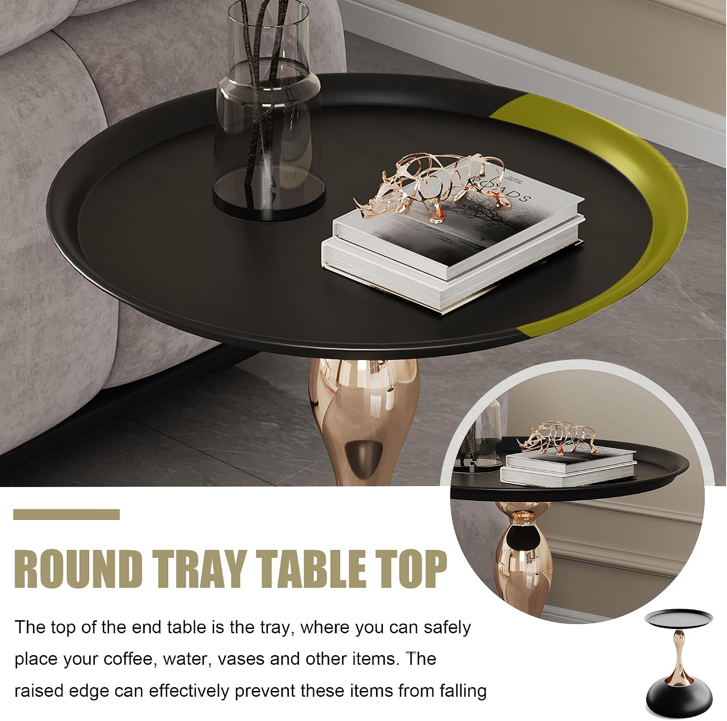 Round Small Metal Side Table, Mid Century End Table, Vintage Pedestal Accent Coffee Table for Small Spaces, Living Room, Bedroom Balcony and Office, Black