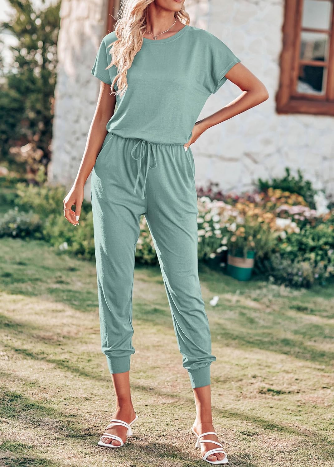 KIRUNDO Jumpsuits for Women Summer 2026 Casual Short Sleeve One Piece Outfits Drawstring Waist Long Pants Romper Jumpers - Image 3