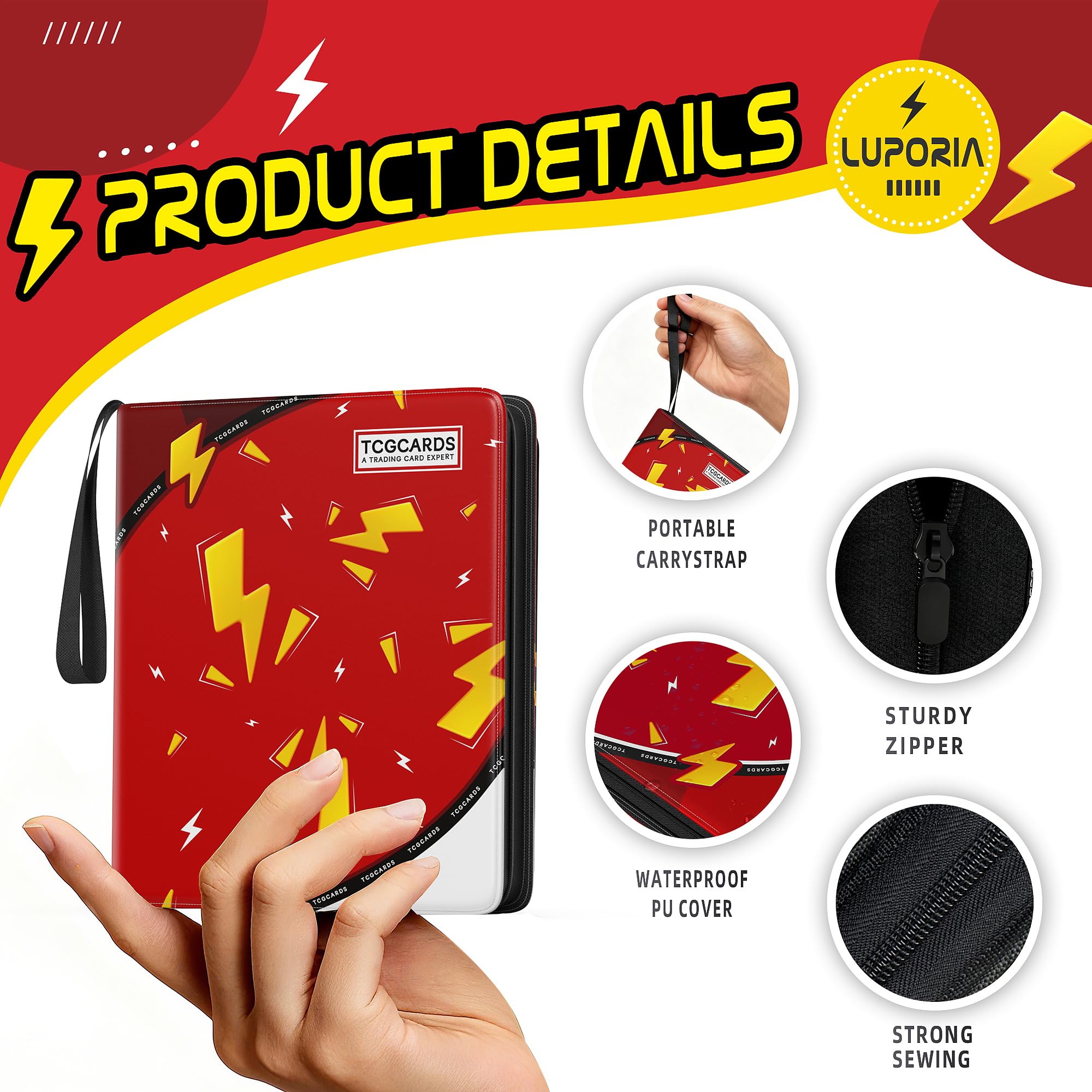 Raccoglitore per carte collezionabili con 4 tasche, 400 tasche, con 50 maniche rimovibili, in poliuretano impermeabile, album per carte collezionabili con cerniera a 3 anelli, per MTG/TCG/porta carte
