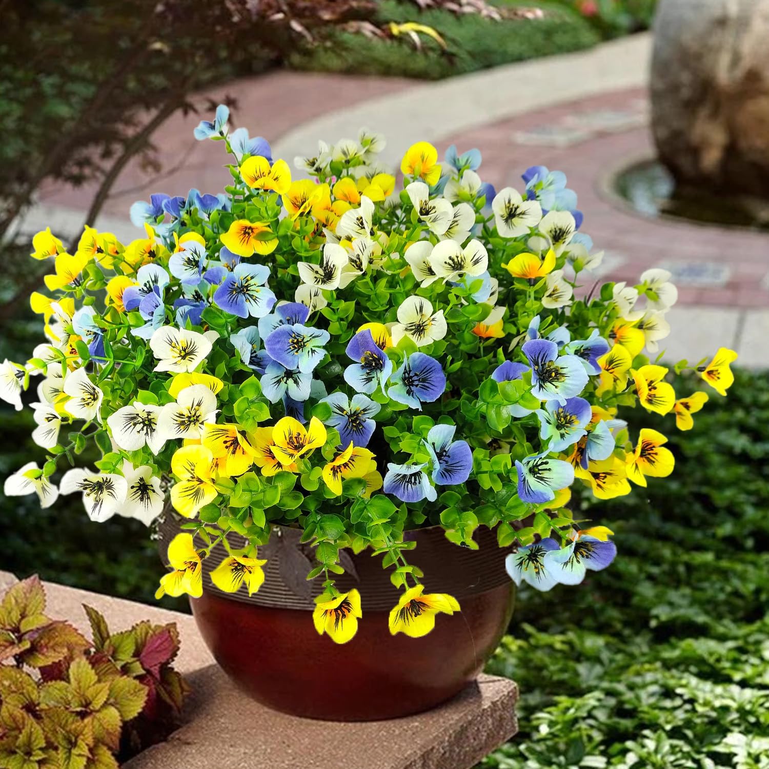 Pansies Artificial Flowers for Outdoors 12 Bundles Fake Silk Pansy Faux Plastic Plants UV Resistant for Home Outside Garden Planter Front Door Porch Yard Patio Decor (Blueyellowwhite) - Image 3