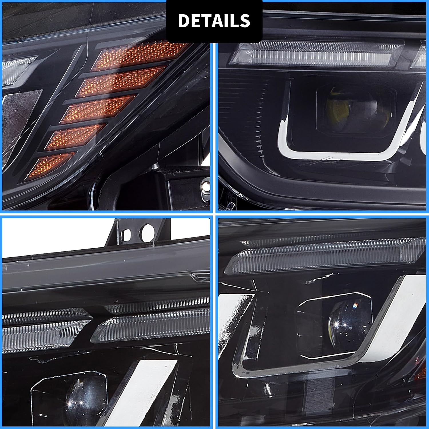 VLAND Projector Headlights Compatible with Ford Mustang 2015-2017 6th Gen S550 Model White and Amber DRL w/Dynamic Animated w/Sequential Turn Signal Driver+Passenger Side