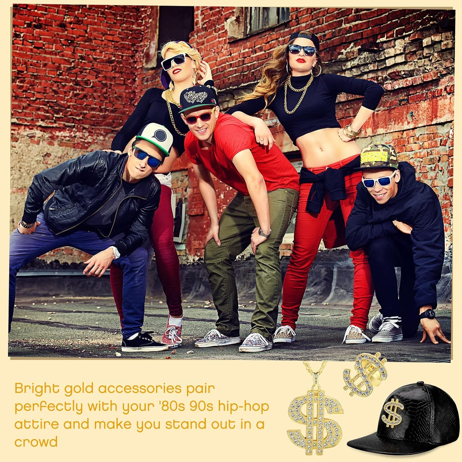 MTLEE 3 Pcs Halloween Hip Hop Costume Kit 80s 90s Rapper Outfits Accessories Fake Gold Chain Necklace Dollar Sign Cap Ring for Men Women Halloween Party Cosplay - Image 7