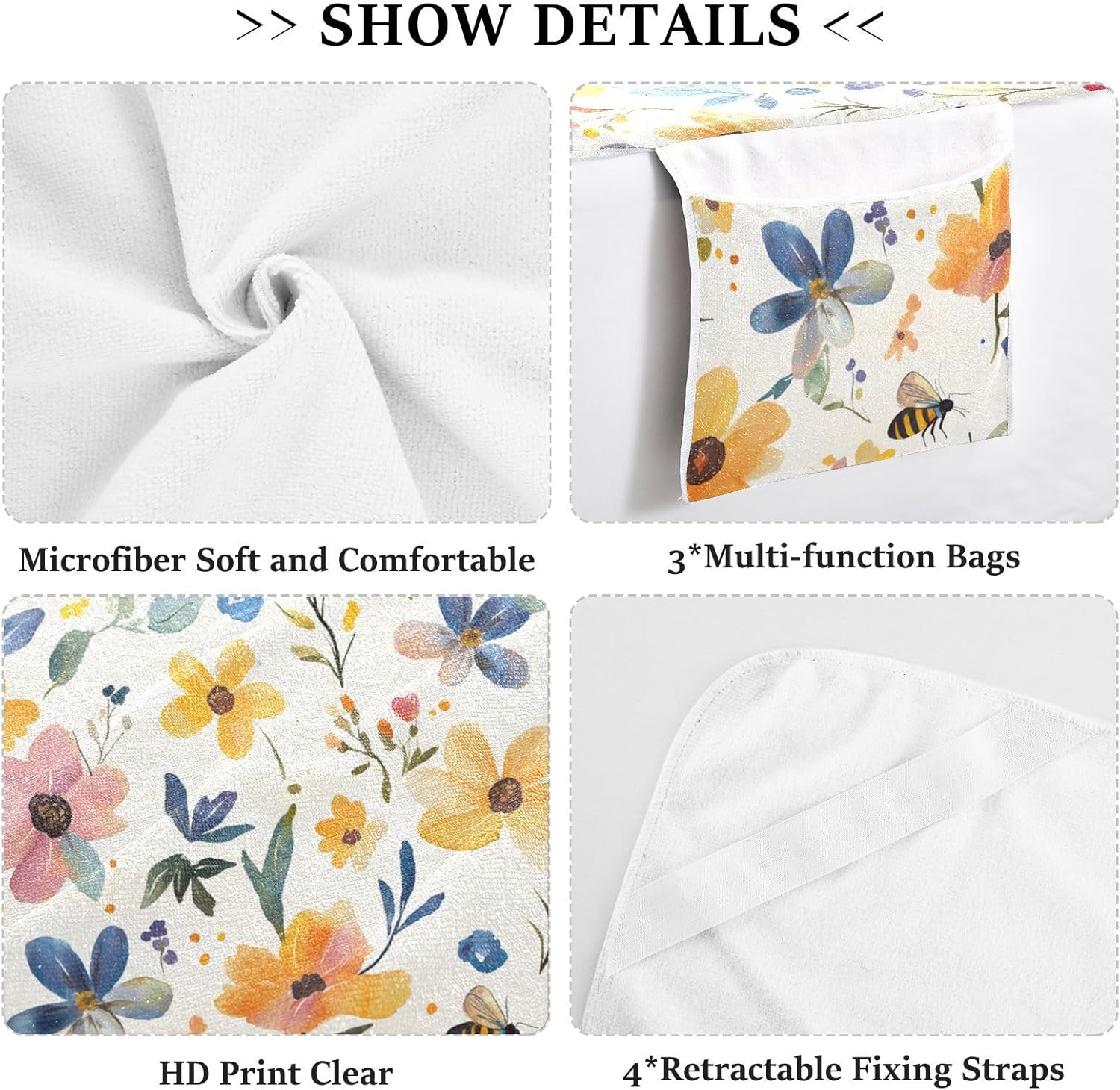 Lounge Chair Towel Cover Summer Beach Chair Lounge Cover with Pockets, Watercolor Flower Bee Portable Soft Absorbent Outdoor Chaise Towel Covers for Pool Patio Garden Sunbathing, 85'' x 30''