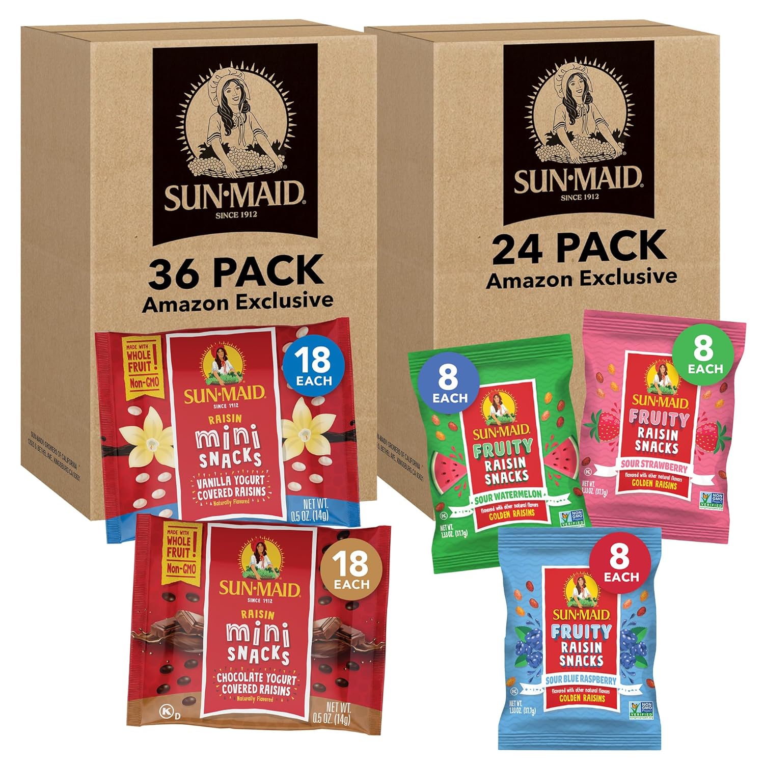 Sun-Maid Snacking Bundle with Vanilla & Chocolate Yogurt Coated Raisins Variety Pack - (36 Pack) 0.5 oz + Sun-Maid Fruity Raisin Three Flavor Variety Pack - (24 Pack) 1.33 oz Pouches