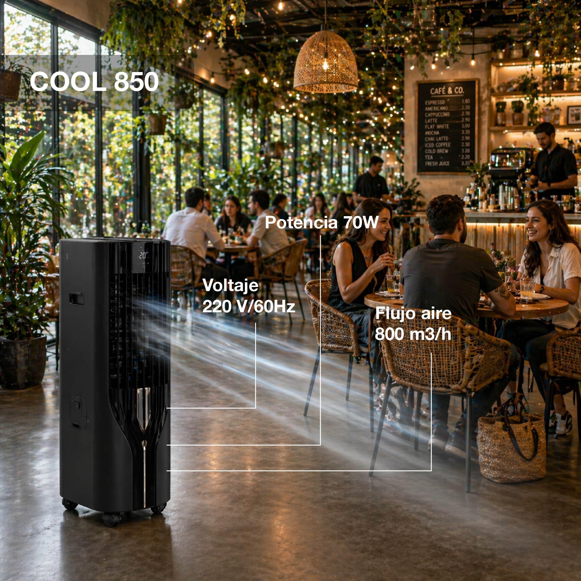 GARLAND COOL 850 Climatizador Evaporativo Portátil | 70W, Depósito 17L, 800 m³/h, Silencioso, Bajo Consumo, con Batería