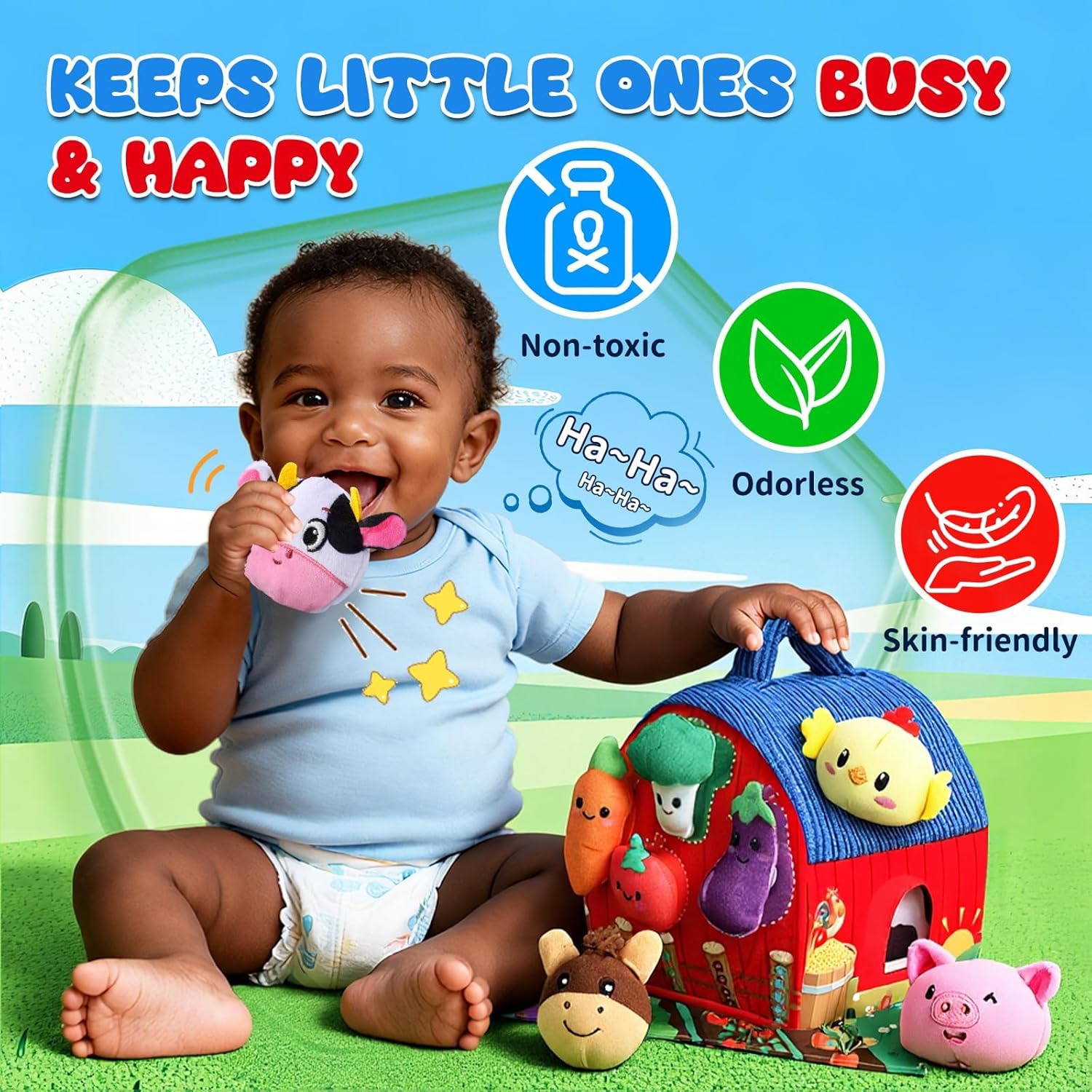JMMICO Baby Toys 6-12 Months, 13 PCS Barn with Stuffed Farm Animals and Stick-On Plush Vegetables, Mirror -Montessori Toy for Babies, Portable Sensory Toy for Toddlers 1-3, 1 Year Old Boy Girl Gifts