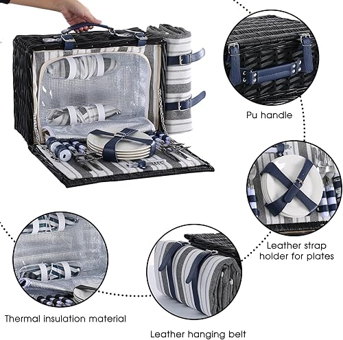 Miniatura 4 de HYBDAMAI Cesta de picnic de mimbre para 4 personas con manta de picnic impermeable y enfriador aislante, cesta de sauce para camping, al aire libre,