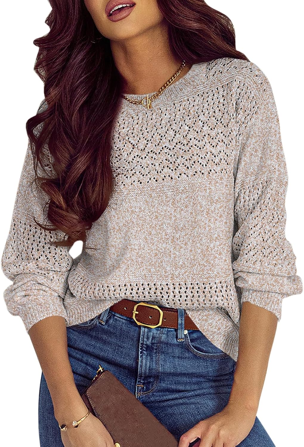 SHEWIN Women's Sweaters Casual Long Sleeve V Neck Crewneck Lightweight Crochet Pullover Sweater Tops