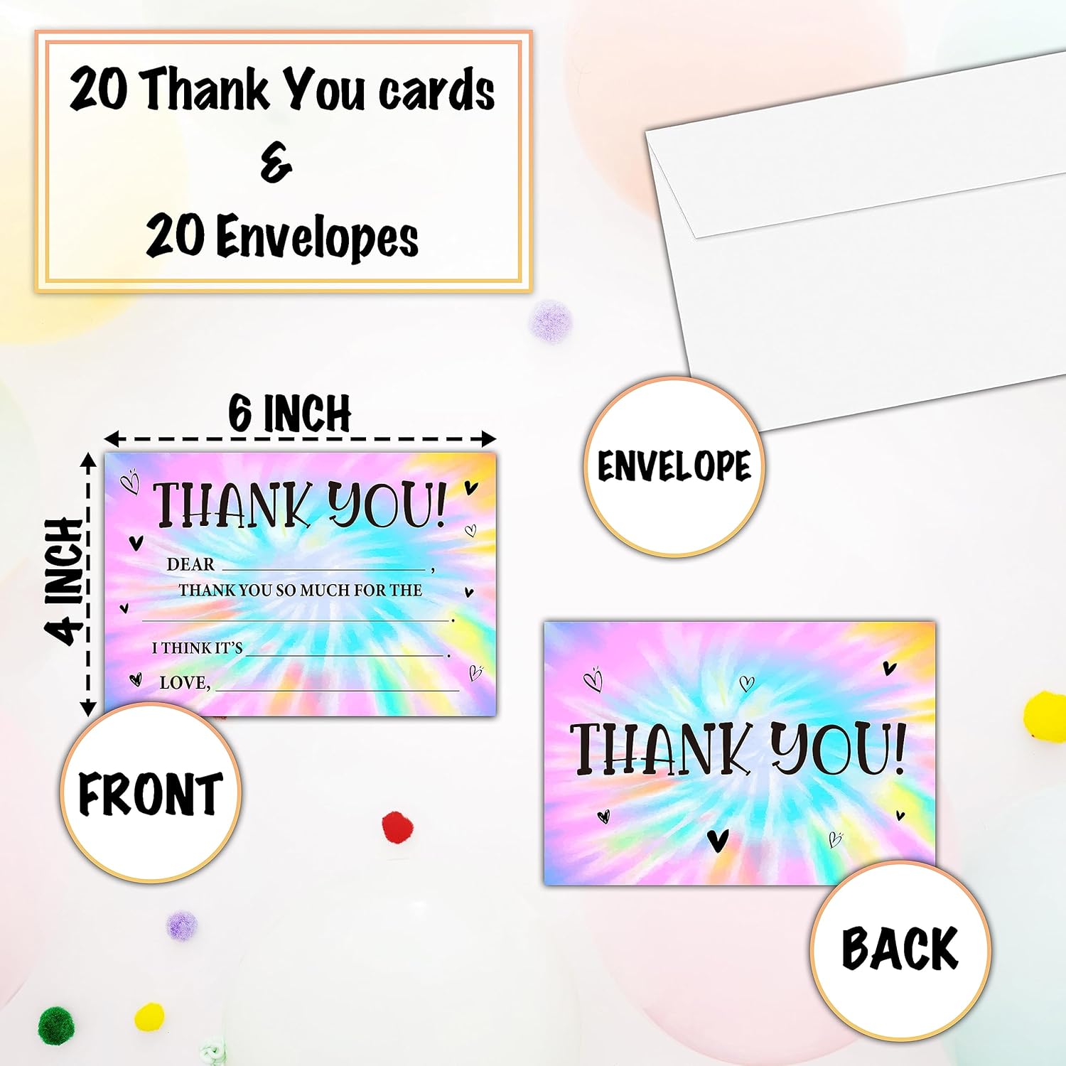 Tie Dye Thank You Cards, Rainbow Tie Dye Fill In The Blank Thank You Card, Thank You Notes for Boys Girls, Birthday Party Favors Supplies (20 Set of Cards with Envelopes) - B10 - Image 2