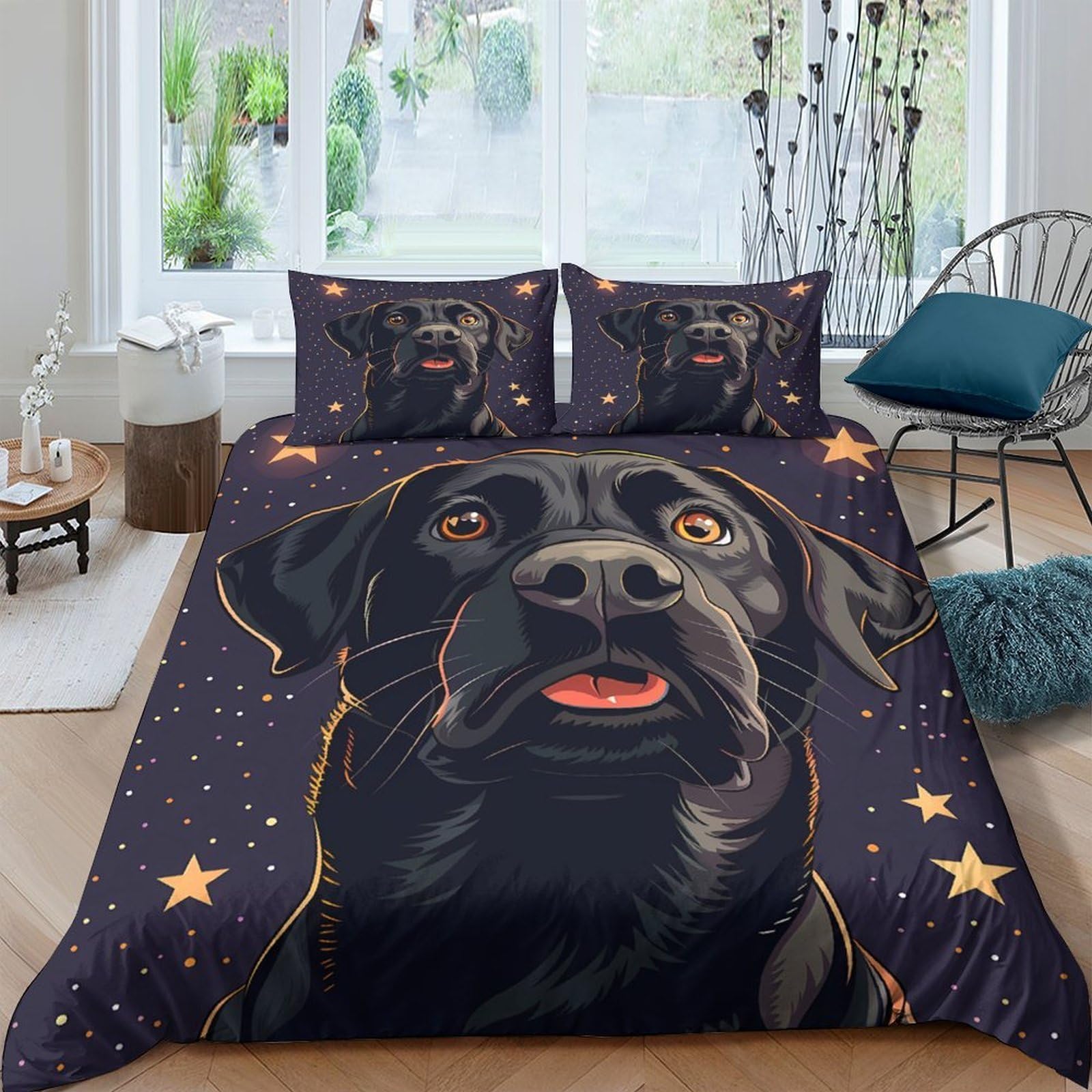 Ctjqhvkz Style-2 3D Printed Black Labrador Fitted Sheet Microfiber Soft Star Decor Bed Cover For Bedroom Guest Room Protection Single（135X200cm）