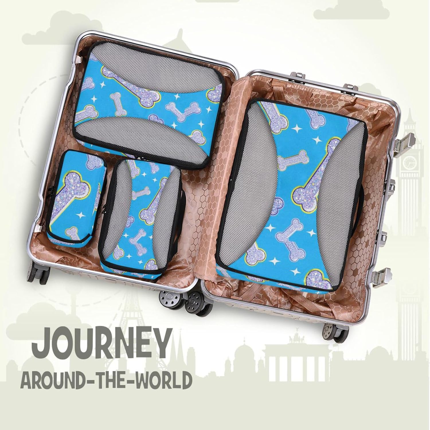 Fake Glitter Cartoon Bone Blue 4 Pcs set travel organizers for Mesh Travel Essentials lightweight packing cubes for women