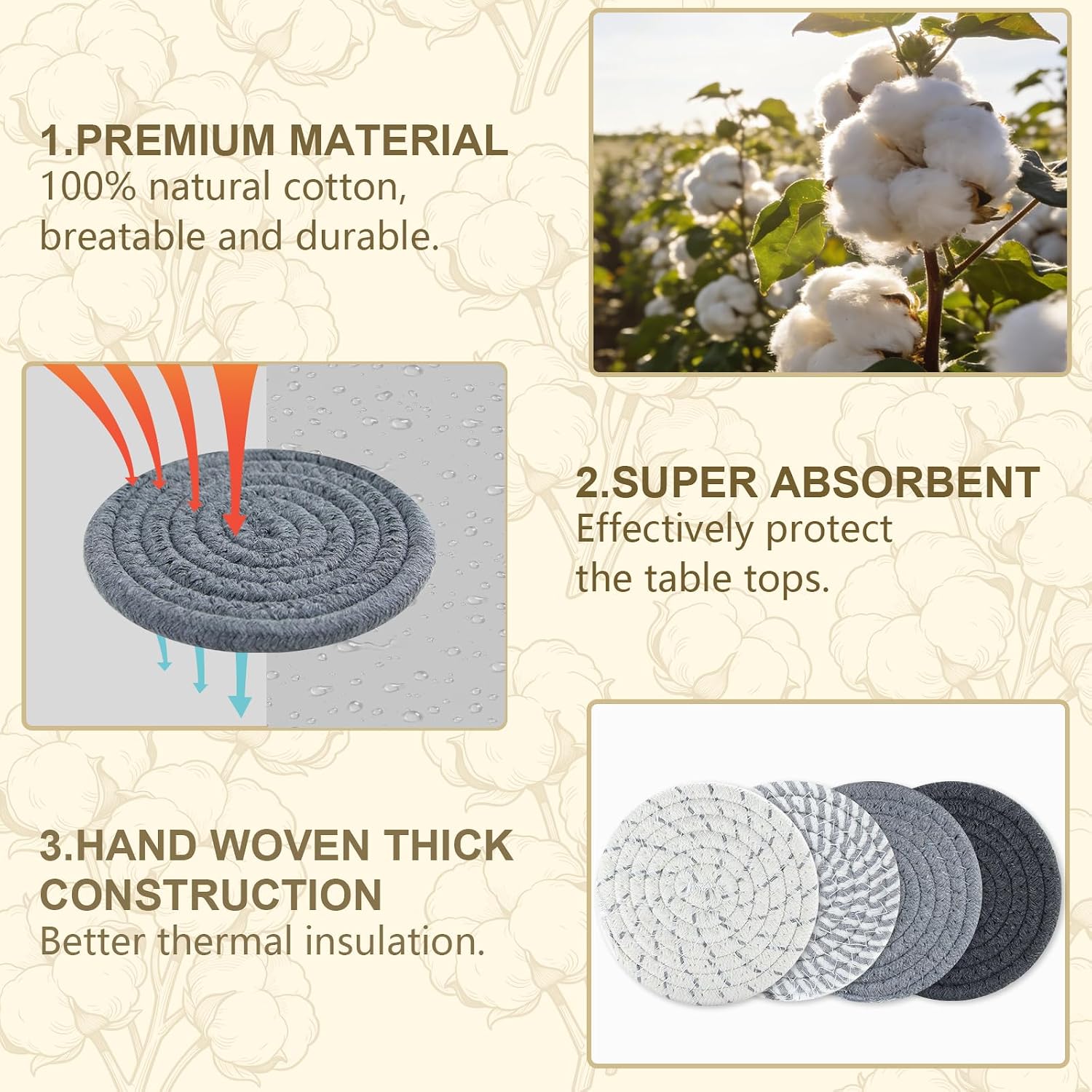 8PCS Drink Coasters with Holder, Absorbent Woven Cotton Coaster Set for Table Decor for Kitchen, Dining Room, Living Room, Tabletop Protection for Kinds of Cups, Ideal Housewarming Gifts (Gray)
