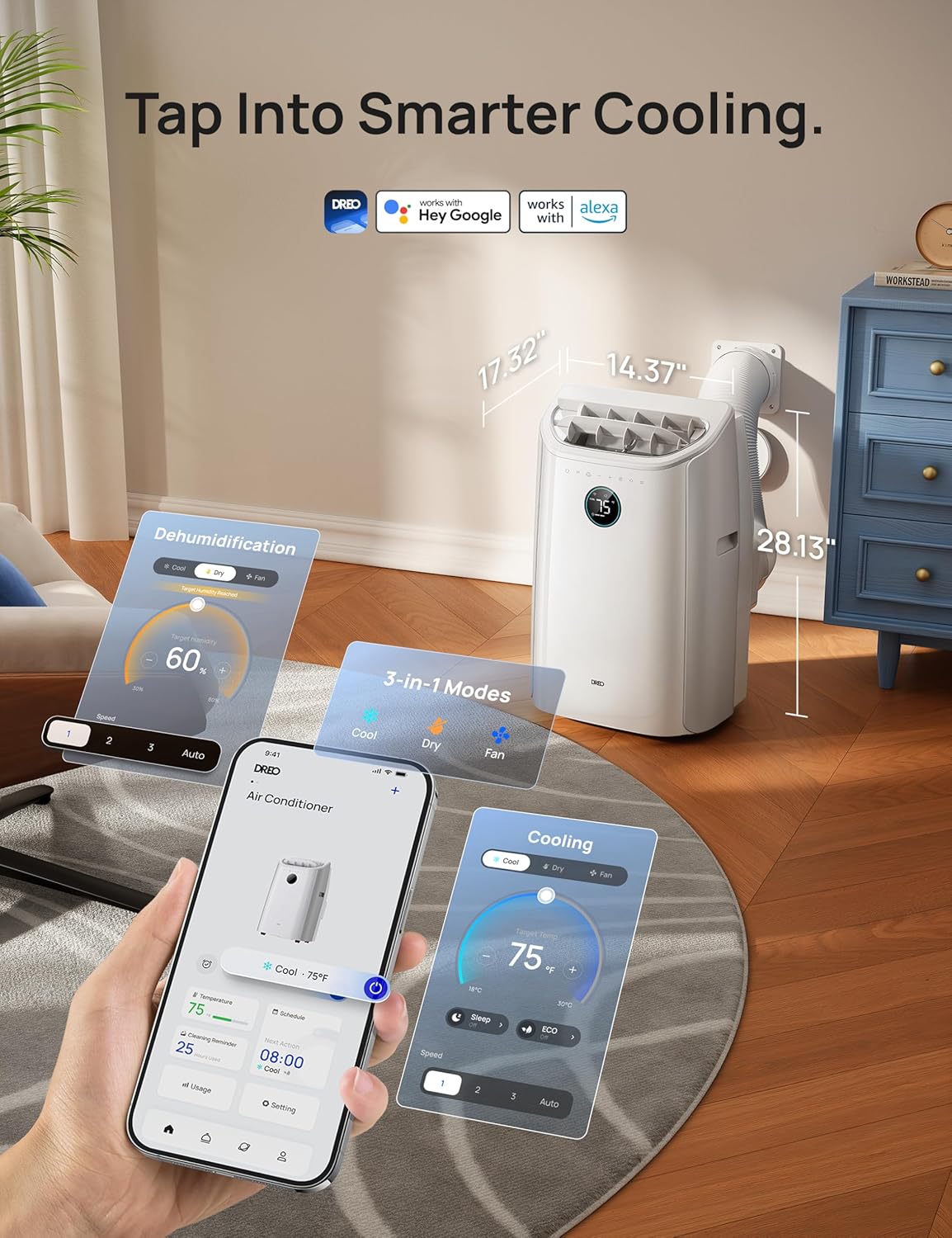 Smartphone displaying DREO app interface for AC control