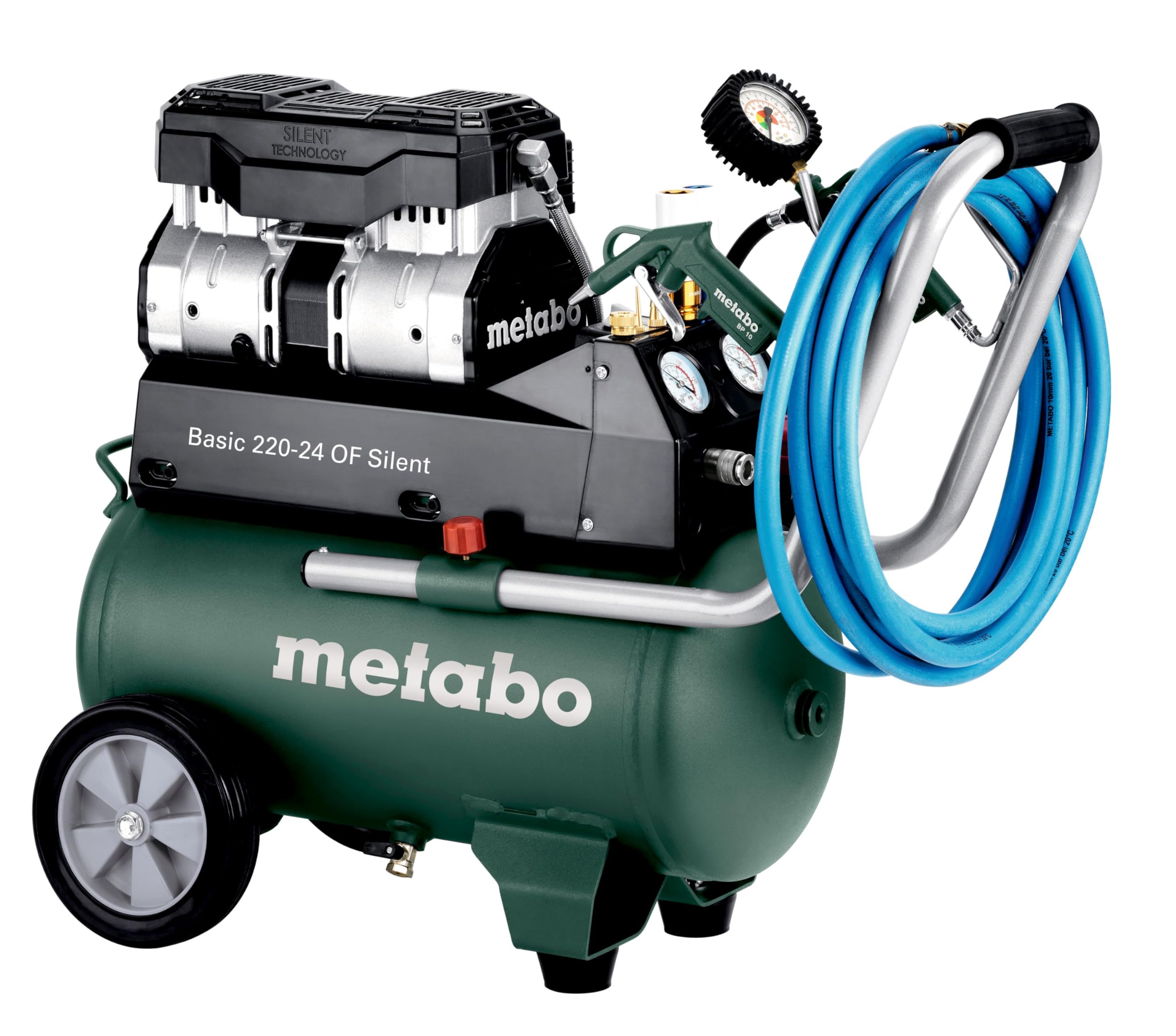 metabo Kompressor Basic 220-24 OF Silent - 24L Kessel, 8 bar Druck, 110 l/min Füllleistung - Ölfrei, leise, mobiler Werkstatt-Kompressor für Heimwerker & Profis - Inkl. Schnellkupplung und Zuggriff