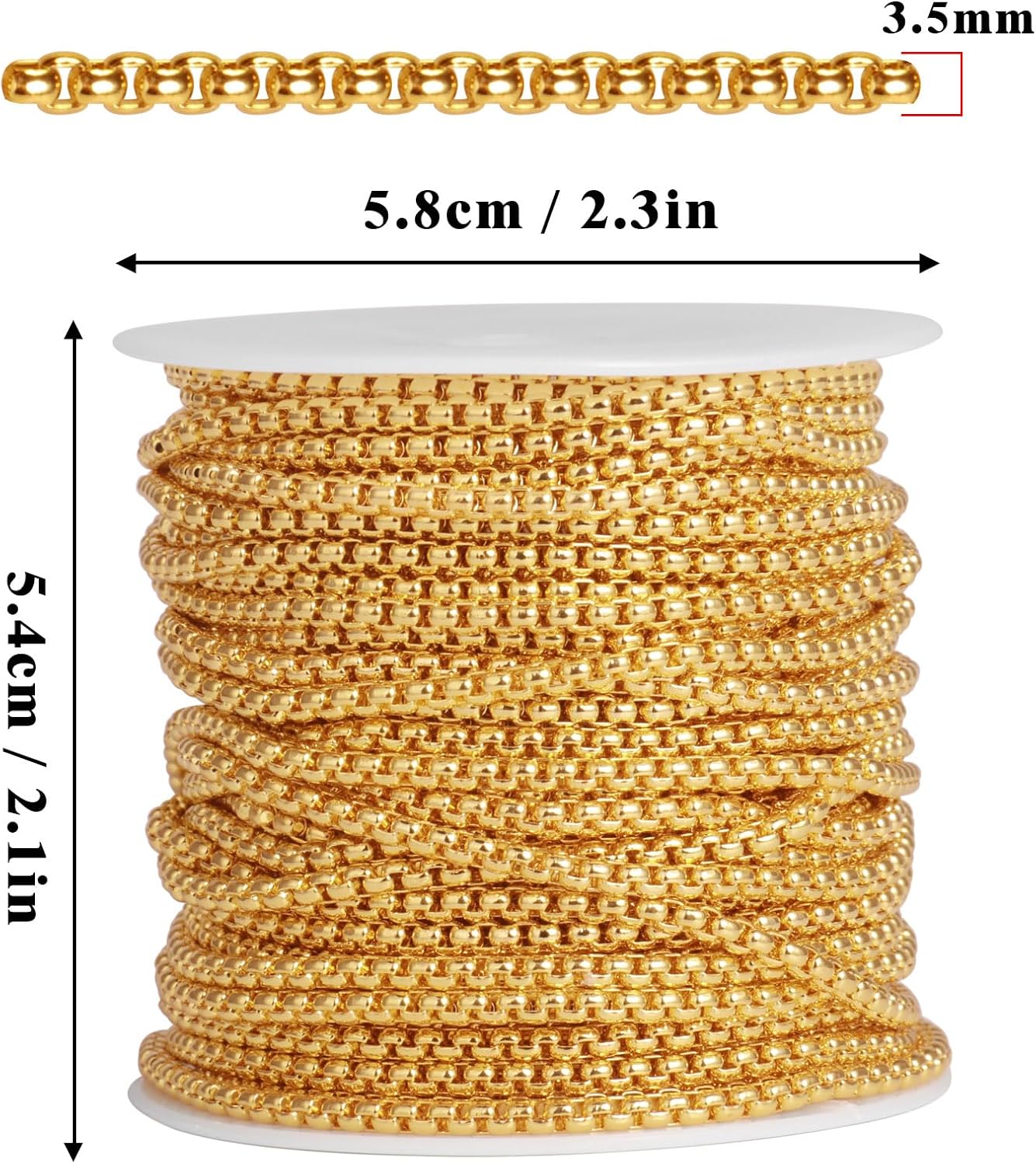 33 Feet 18K Gold Plated Stainless Steel Rolo Box Chain Roll, 3.5mm Wide 304 Stainless Steel Round Rolo Link Chains Spool Bulk for Jewelry Making