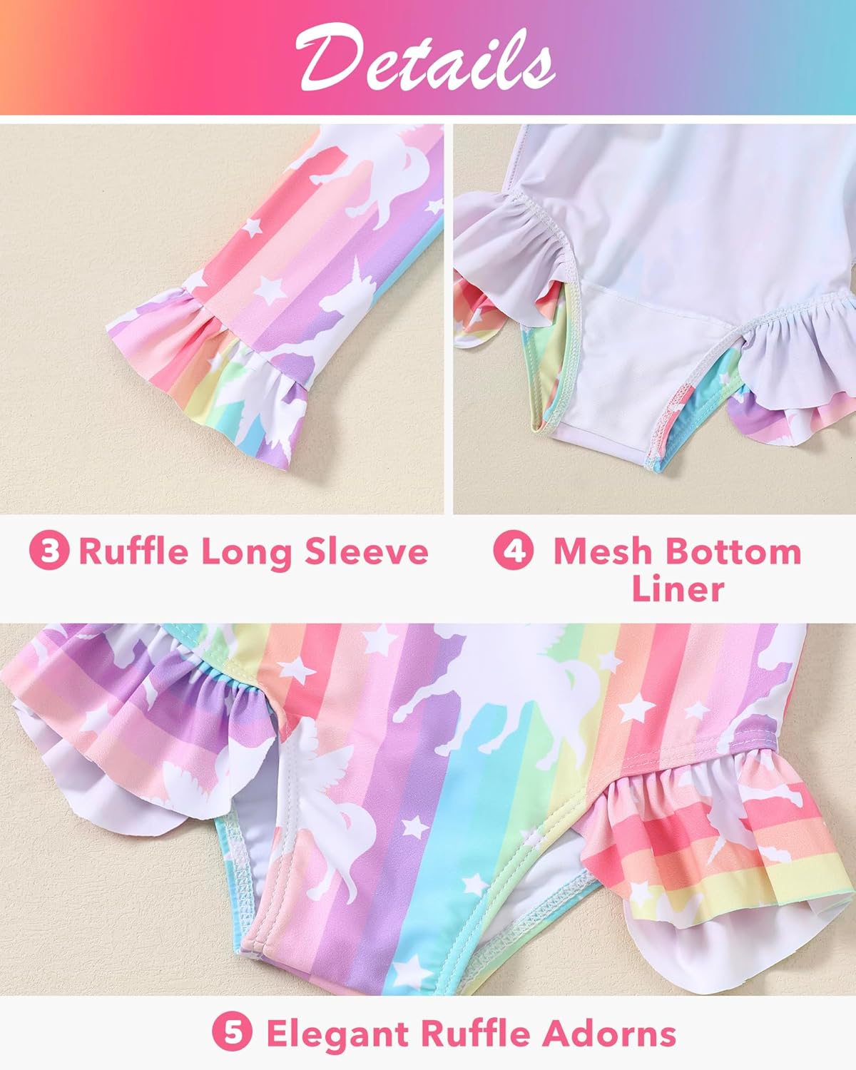 Toddler Girls Long Sleeve Swimsuit One Piece Ruffle Zipper Rash Guard Bathing Suit UPF 50+ Kid Swimwear 1-6 Years - Image 4