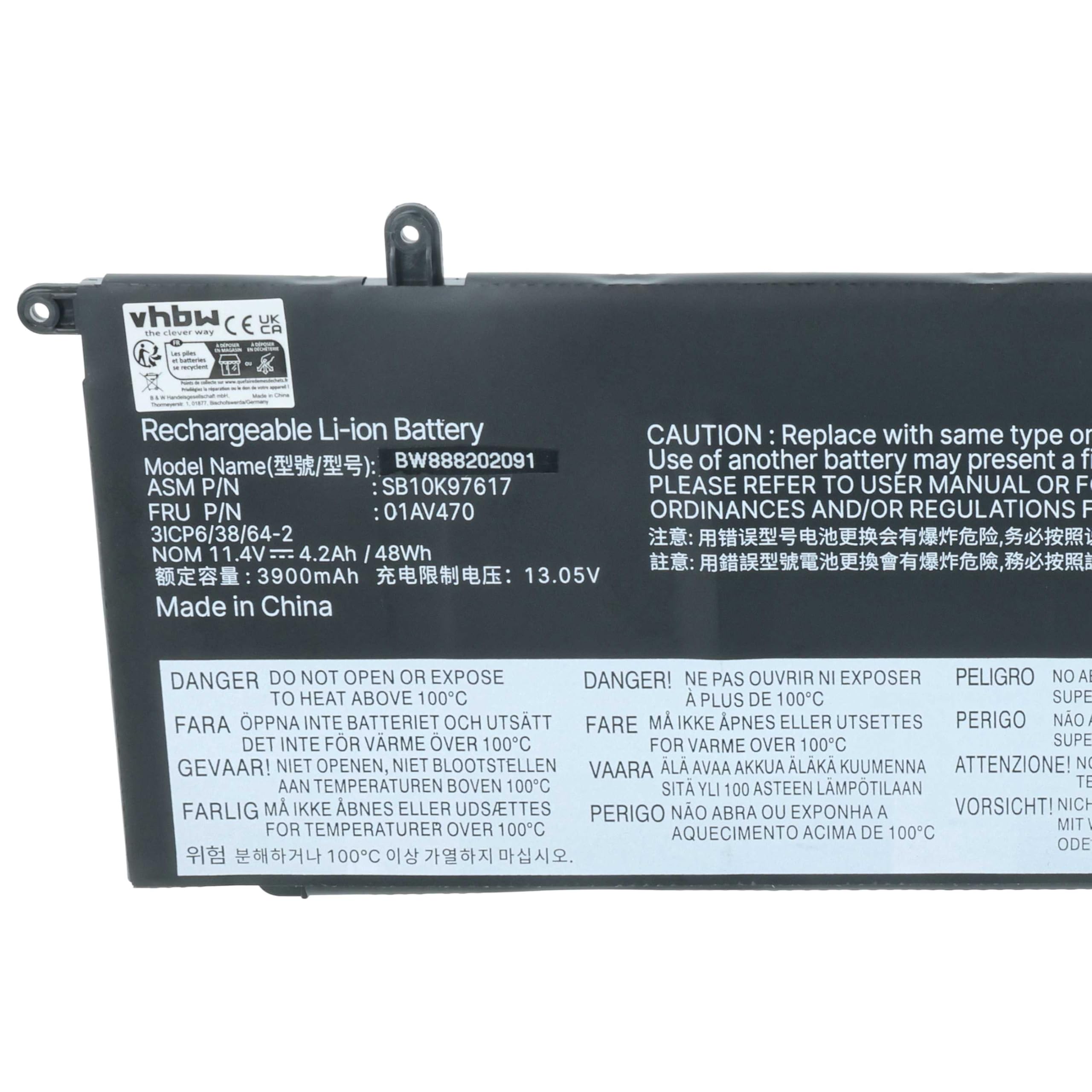 vhbw Batería Compatible con Lenovo ThinkPad X280 (20KFA001CD), X280 (20KFA002CD) Notebook (4050 mAh, 11,46 V, Li-Poli)