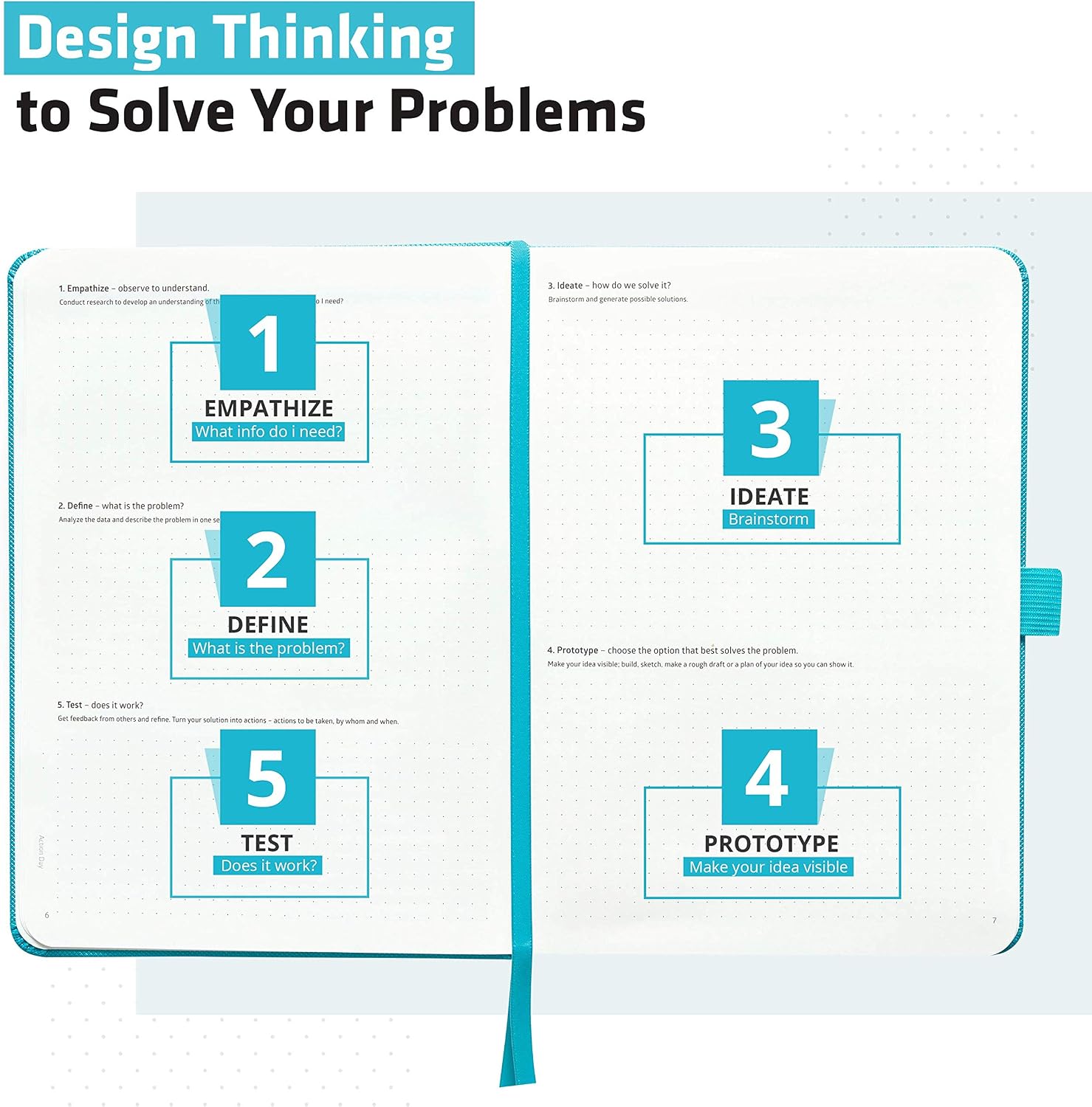 Action Day Design Thinking Notebook, Powerful Tool to Create New Products, Innovation and Solve Problems - Perfect for Office, Home & School, Pocket, Dot Grid Pages (6x8, Turquoise) image 2