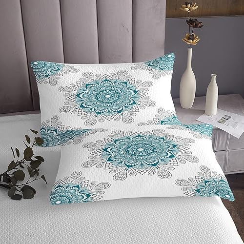 Miniatura 3 de Erosebridal Juego de colcha de flores bohemias, tamaño King, diseño de mandala turquesa para mujeres y hombres, juego de ropa de cama bohemio gris