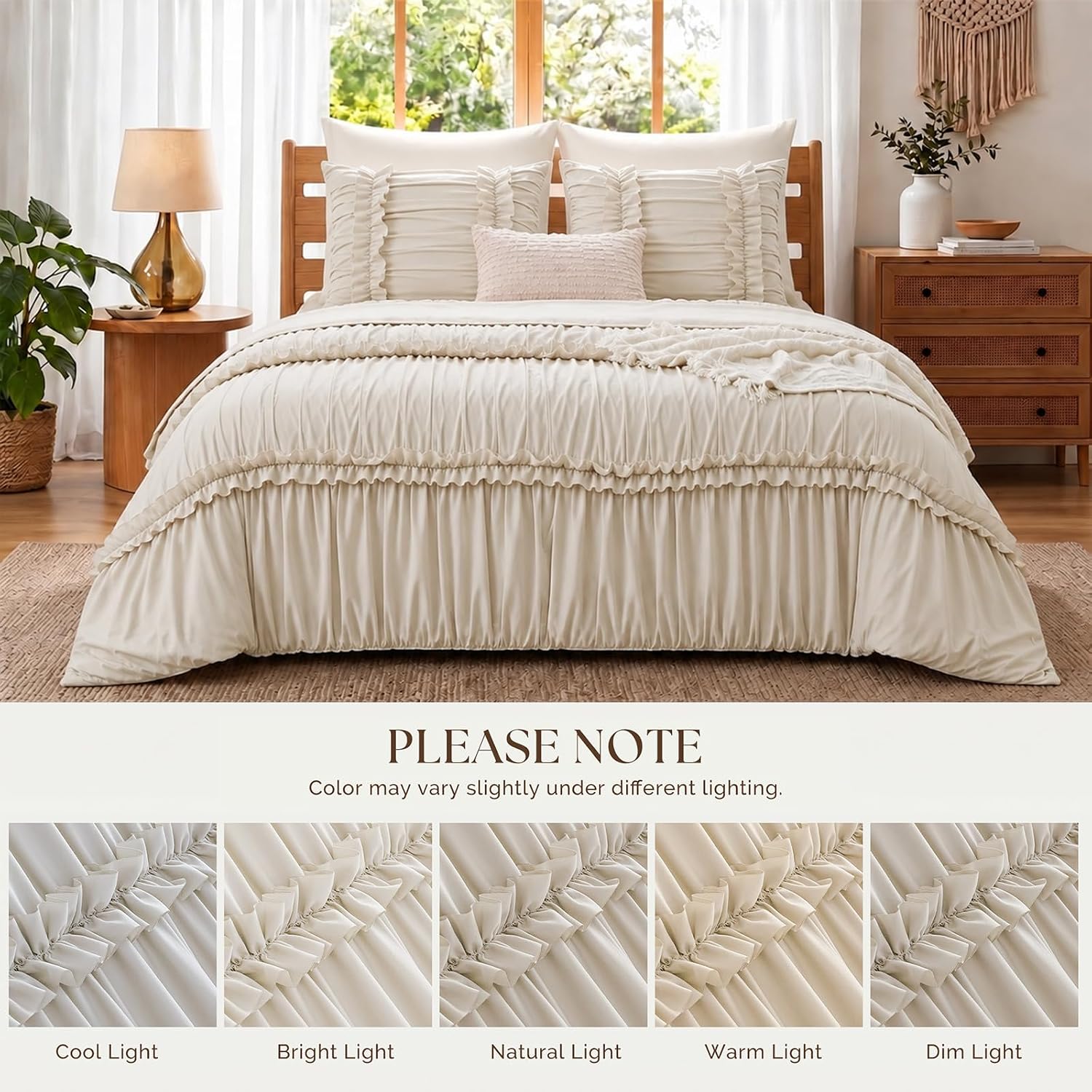 LIPA Ruffle Comforter Set, Ruched Bed in a Bag, 7-Piece, Queen, Cream