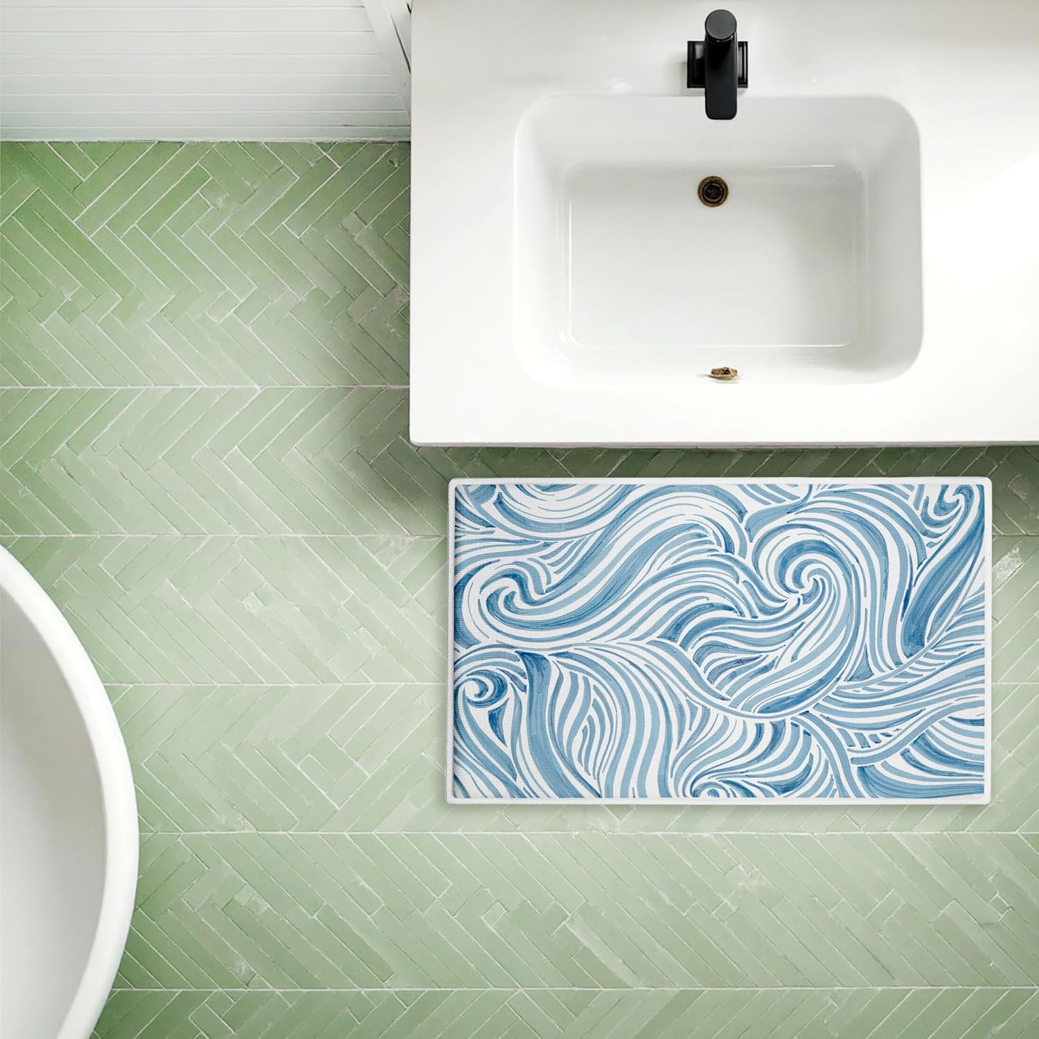 Stupell Industries Blue Sea Scrolls Pattern Plush Bathroom Mat & Bath Rug, Soft Quick-Dry Non-Slip Bathroom Rug with Recycled Foam Cushion, Coastal Beach Nautical Design by Emma Peal, 18"x30"
