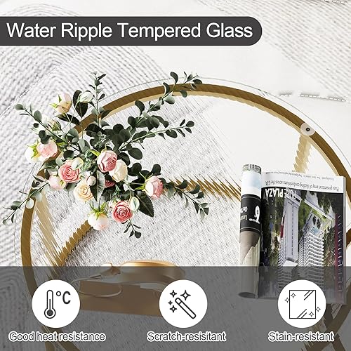 Miniatura 14 de aboxoo Juego de 2 mesas auxiliares blancas con marco dorado, circulares redondas y con patrón de mármol, mesas de madera, sala de estar, dormitorio,