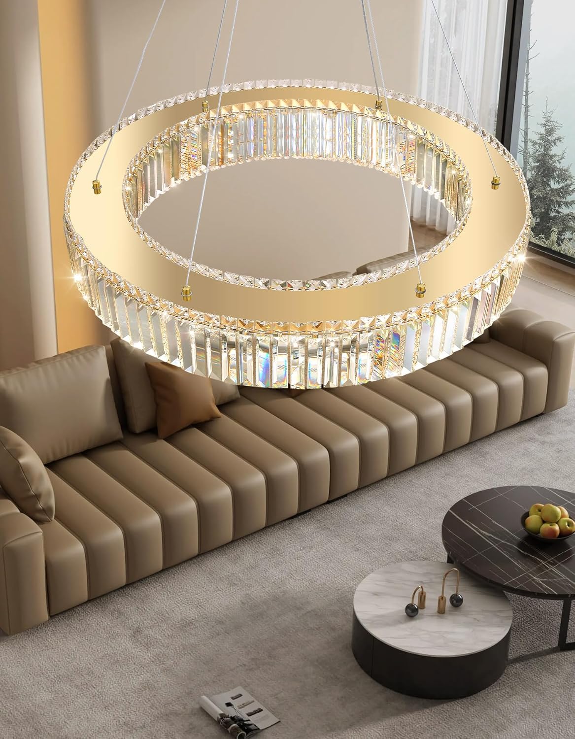 32'' Modern Ring Chandeliers for High Ceiling Luxury Dimmable Crystal Ceiling Light Fixtures for Foyer Staircase Entrance Villa Large Gold