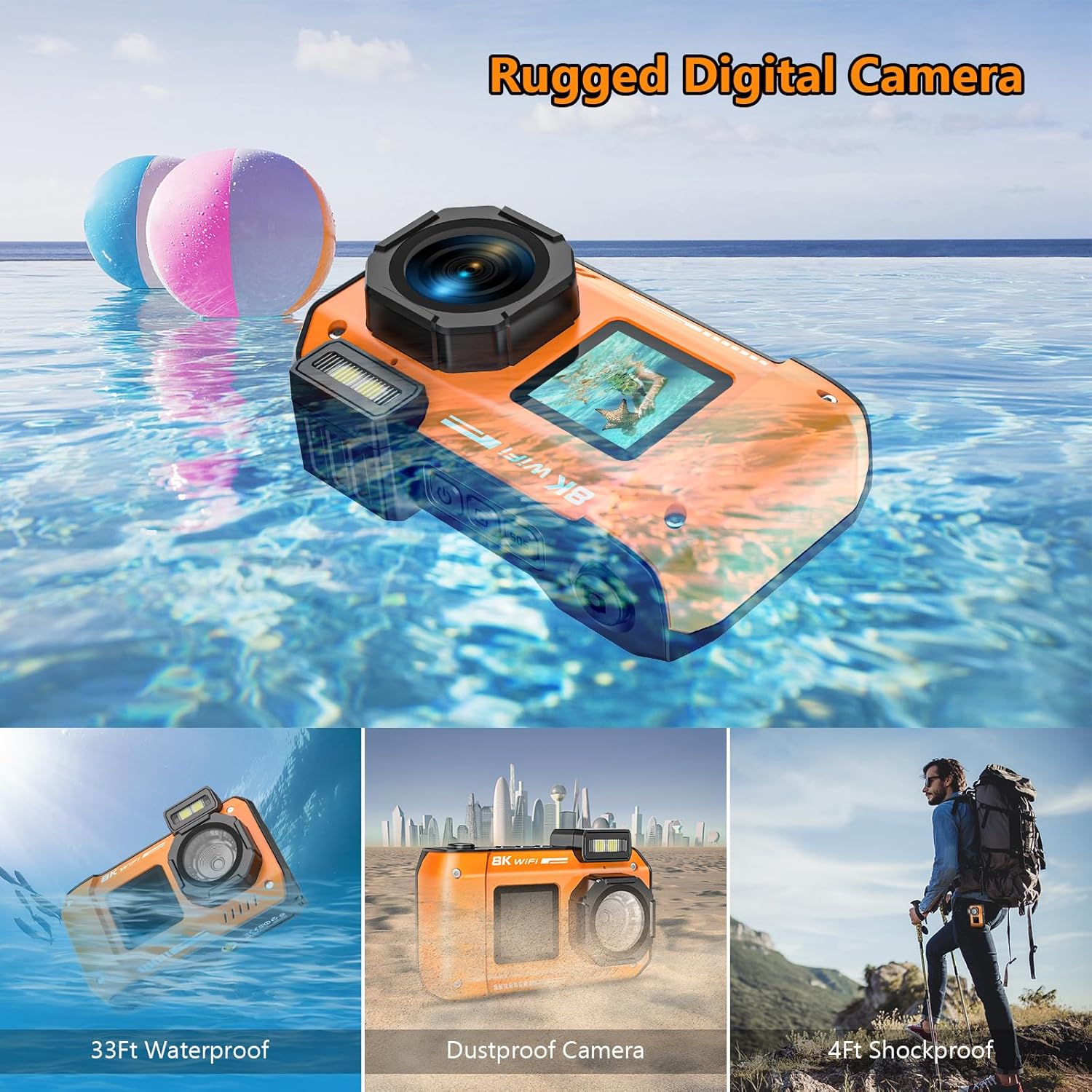 UHD 8K Underwater Camera, 70MP 33FT WiFi Waterproof Digital Camera with 64GB Card, Auto Focus Waterproof Dual-Screen Selfie 2500mAh Battery, 18X Floatable Digital for Snorkeling, Orange