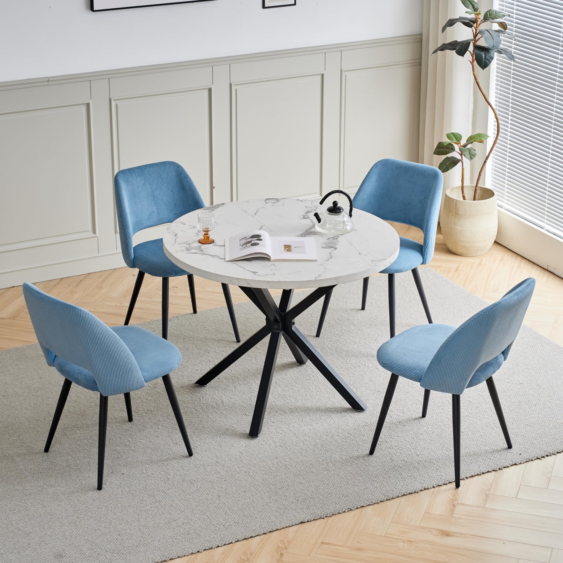 Esstisch und Stuhlset, 100 cm Runder MDF Esstisch, 4 Gepolsterte Küchenstühle aus Cord mit Hohlrückenlehne, für Esszimmer, Wohnzimmer, Küche (Marmormuster-BK+ Blau)
