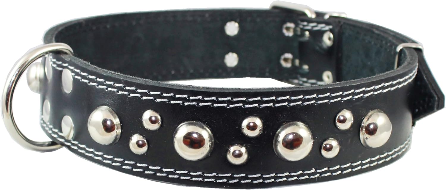 Genuine 1.75" Wide Thick Leather Studs Dog Collar. Fits 21.5"-26" Neck, XLarge Breeds Great Dane