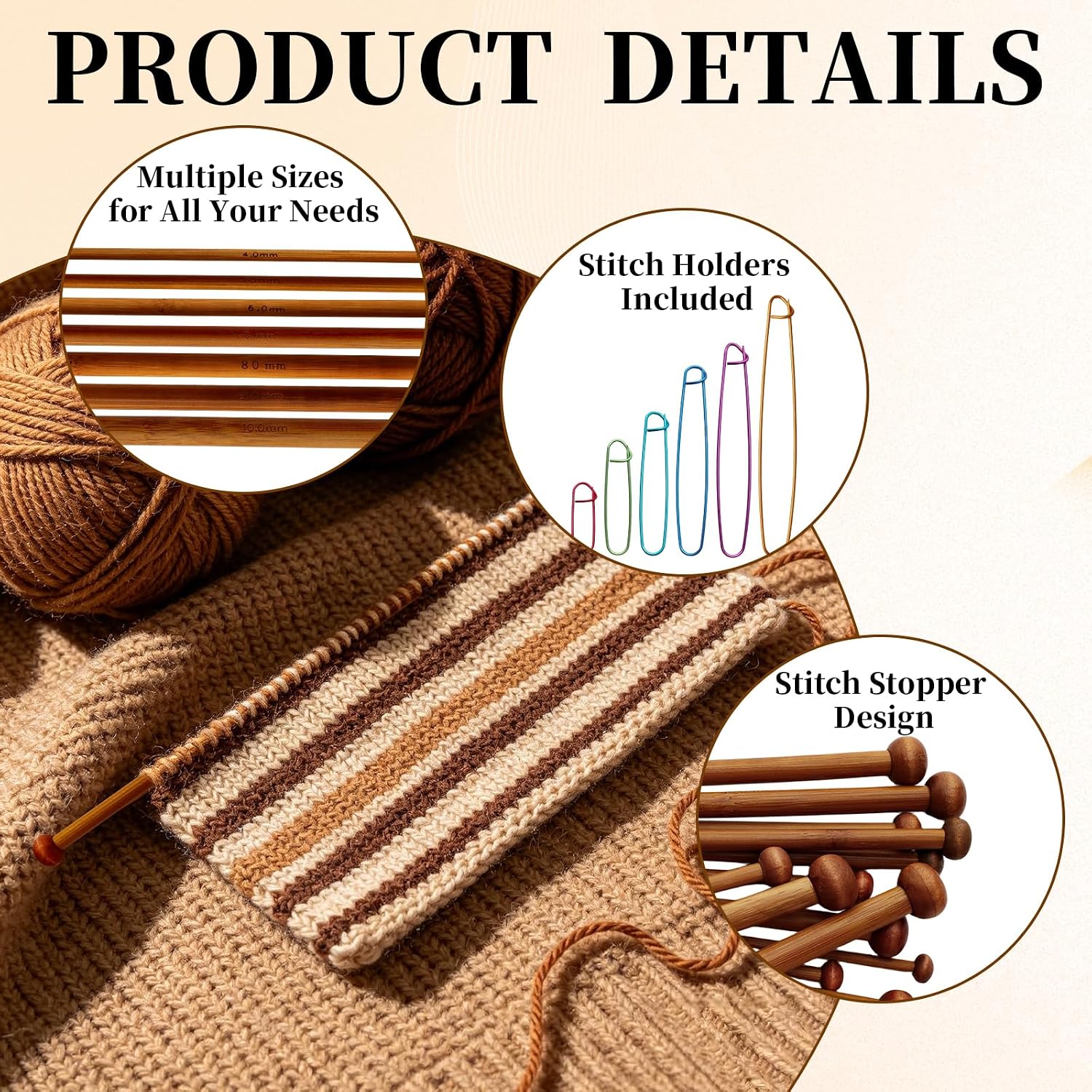 Dqwtb13pcs Bamboo Knitting Needles Set Single Pointed Knitting Needles 4mm-10mm with Stitch Holders for Beginners for Sweater Shawl Scarf Hand Knitting Crochet Projects