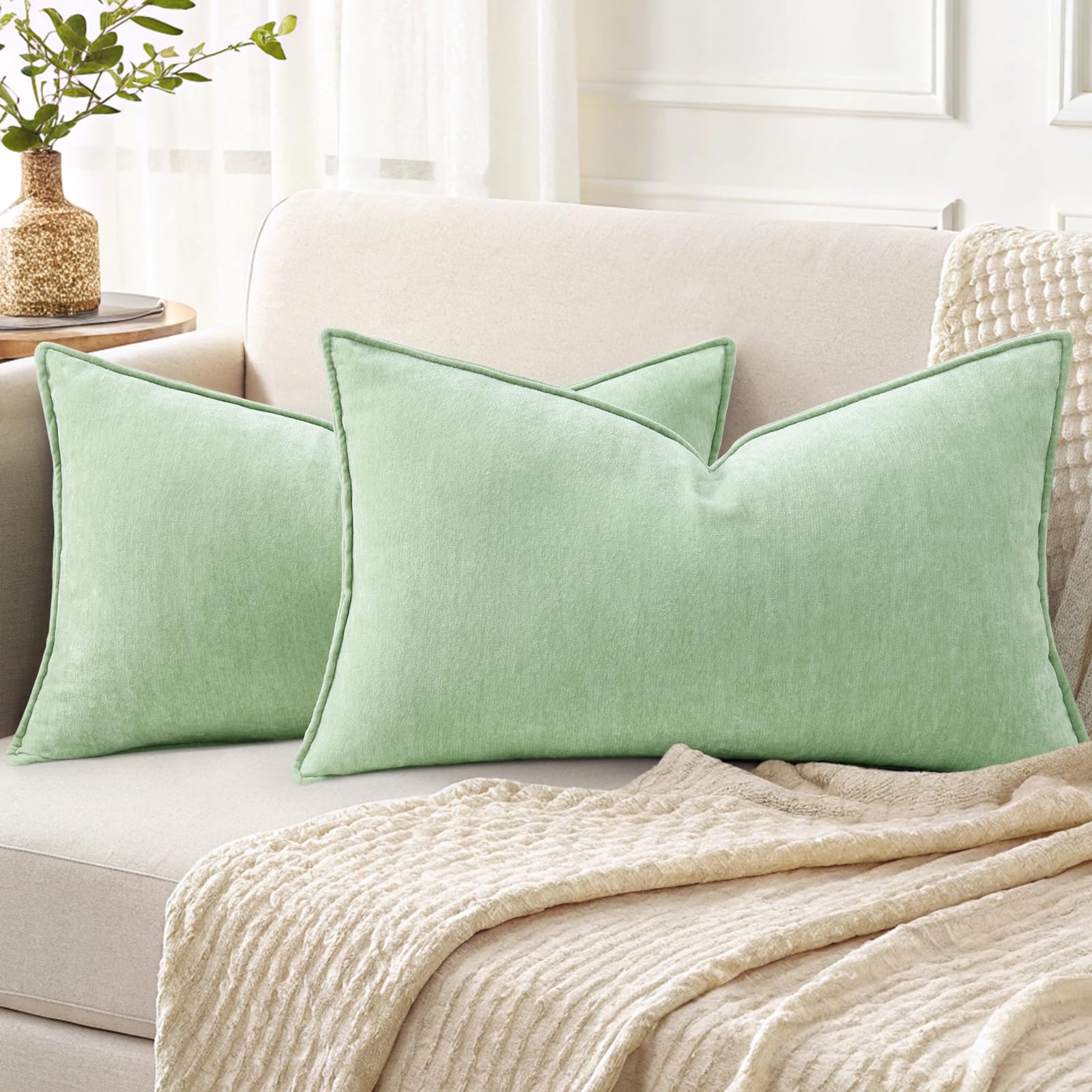 decorUhome Spring Couch Throw Pillow Covers 12x20 Set of 2, Decorative Soft Velvet Neutral Chenille Lumbar Pillow Covers with Elegant Design for Sofa