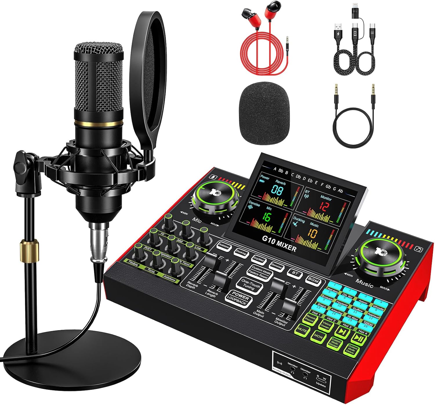 Podcast Microphone Bundle with Live Sound Card Audio Mixer, Podcast Equipment Bundle with 3.5mm BM800 Microphone for Pc/Youtube Live Streaming Singing Gaming, Sound Board with Voice Changer, Denoise