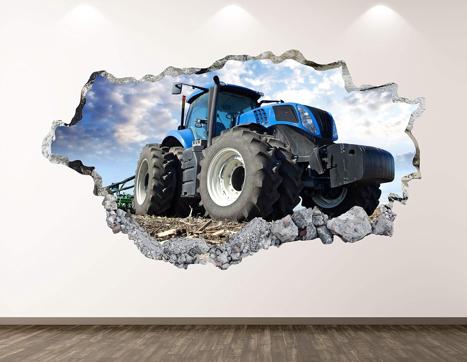 Blue Farm Tractor Wall Decal Art Decor 3D Smashed Truck Sticker Mural Kids Room Custom Gift BL90 (42"W x 24"H)