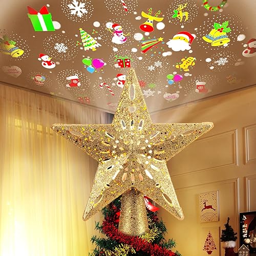 Brightown Christmas Tree Topper Lighted with 6 Projection Modes,9.8”Christmas Star Tree Topper with Built-in LED Rotating Lights,Tree Top with Golden Spangles Plated Plug in for Christmas Decorations