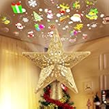 Brightown Christmas Tree Topper Lighted with 6 Projection Modes,9.8”Christmas Star Tree Topper with Built-in LED Rotating Lights,Tree Top with Golden Spangles Plated Plug in for Christmas Decorations